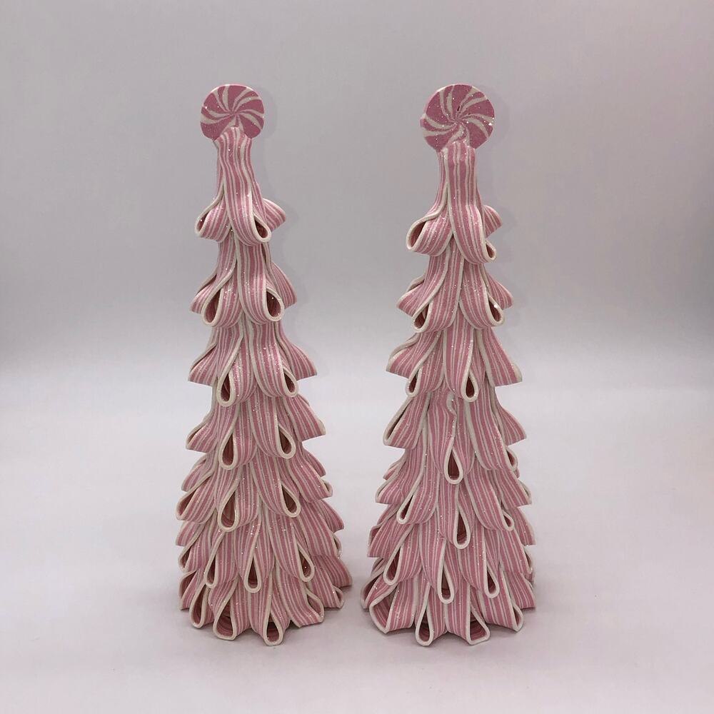 Set of 2 Pink Peppermint Swirl Candy Taffy Ribbon Christmas Tree Cone 14” New